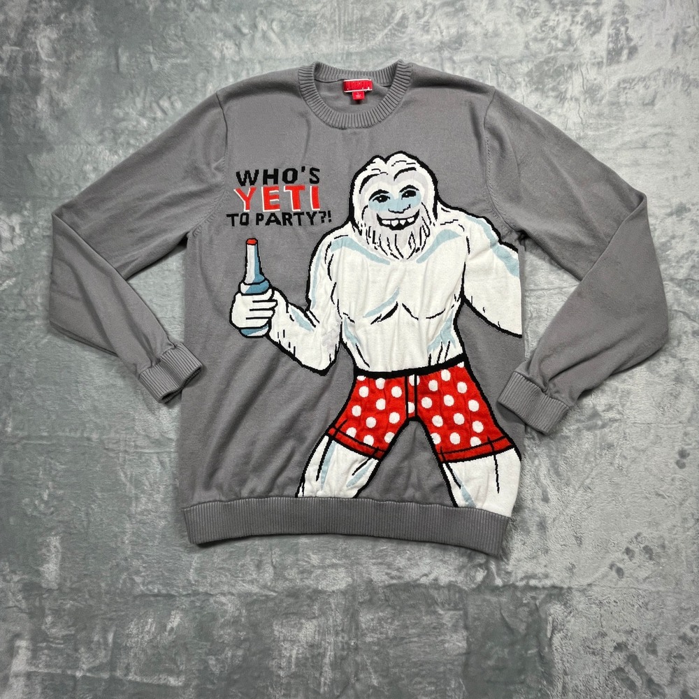 Who's Yeti To Party Yeti Graphic Sweater Mens Size L Grey  Funny Cotton Holliday